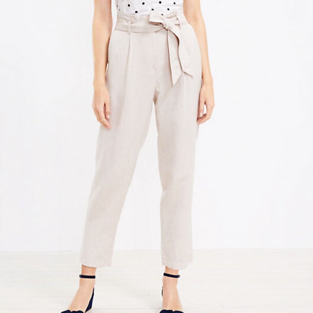 LOFT Petite Paperbag Taper Pants in Beige Linen Blend